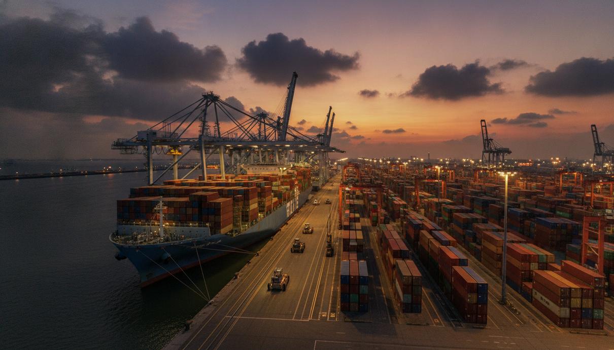 Maersk стал лидером контейнерного рынка внутри Азии, обогнав COSCO Большой контейнеровоз под погрузкой в азиатском порту вечером, вид на портовые краны и ряды грузовых контейнеров.