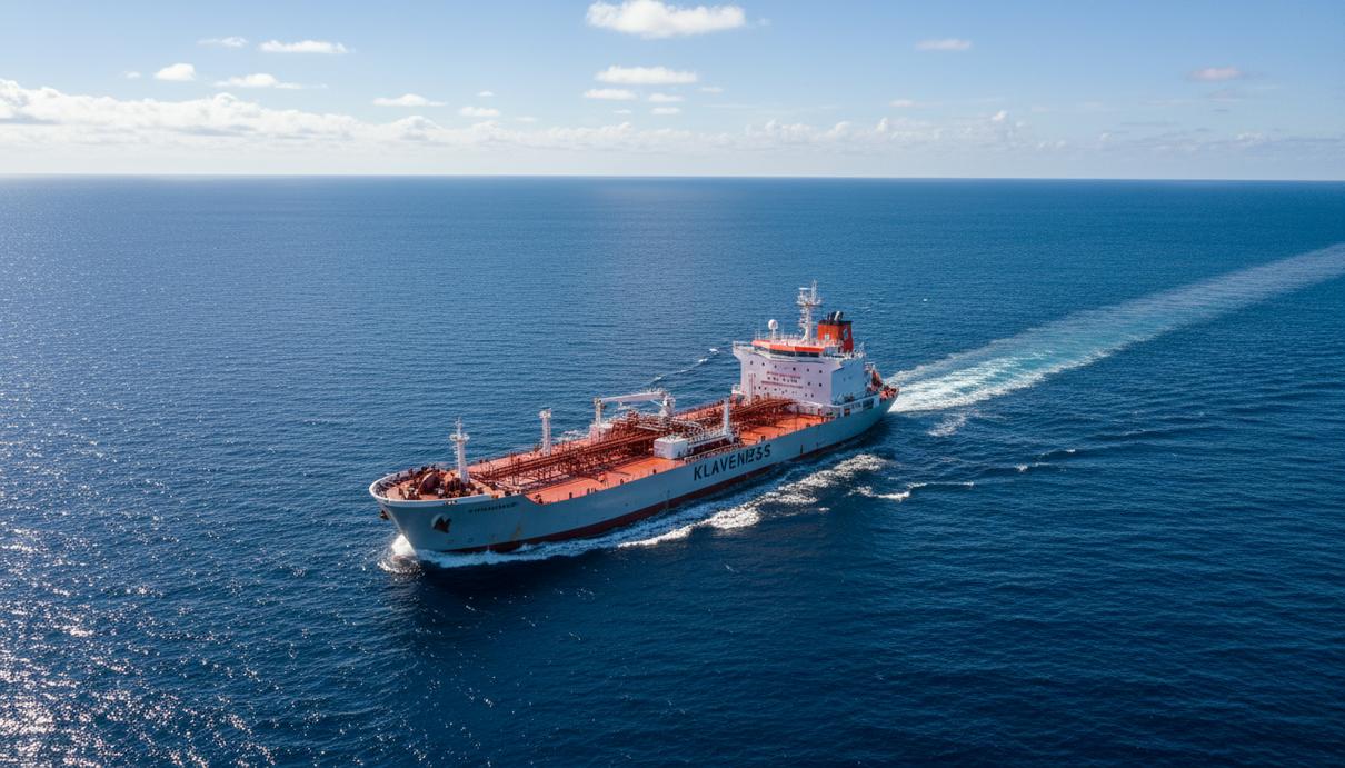 Klaveness продал 11% в KCC, но сохранил блокирующий пакет Современное комбинированное судно Klaveness в фирменной бело-оранжевой окраске идёт по открытому морю. Вид с воздуха.