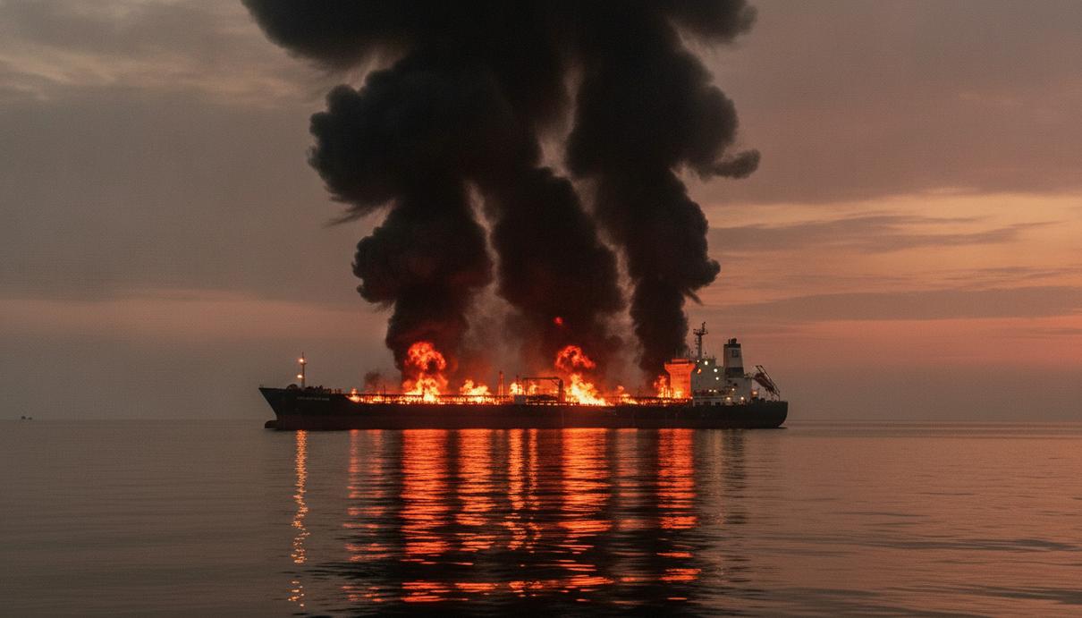 Атаки на танкеры в Персидском заливе привели к первым жертвам Крупный нефтяной танкер горит в Оманском заливе, из палубы и надстроек валит густой черный дым на рассвете.
