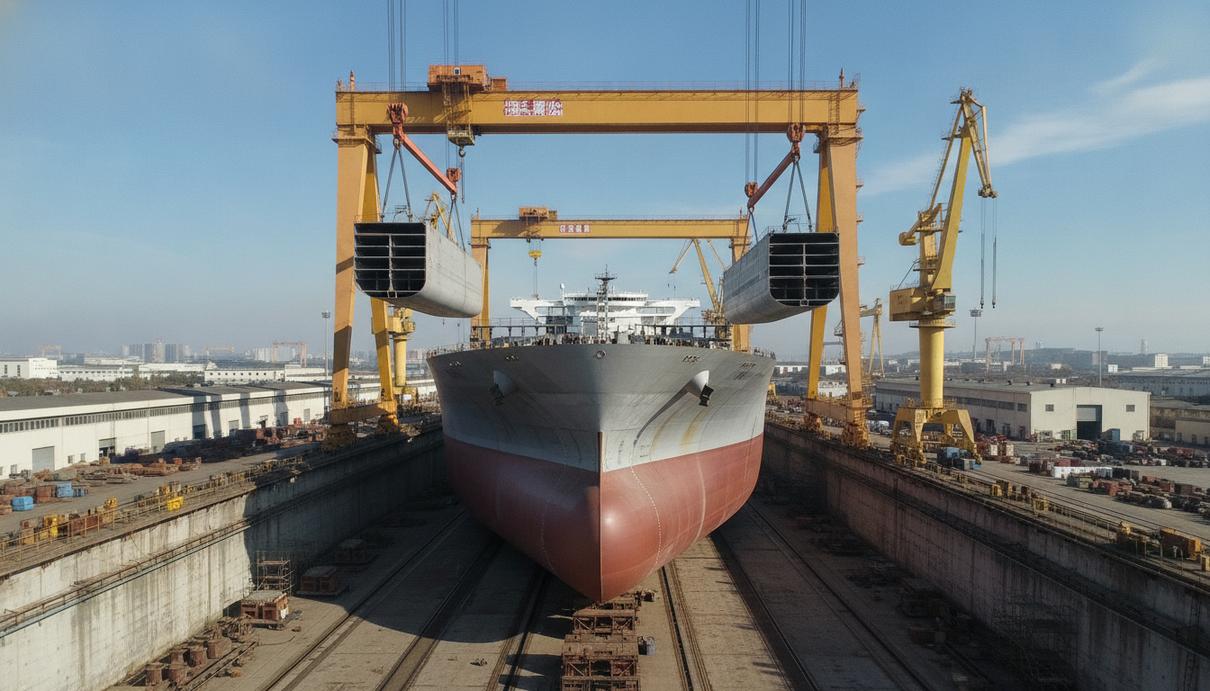 Advantage Tankers заказала в Китае четыре танкера-продуктовоза Танкер-продуктовоз MR на стапеле крупной судостроительной верфи в Гуанчжоу, Китай. Идет сборка корпуса судна с помощью портовых кранов.