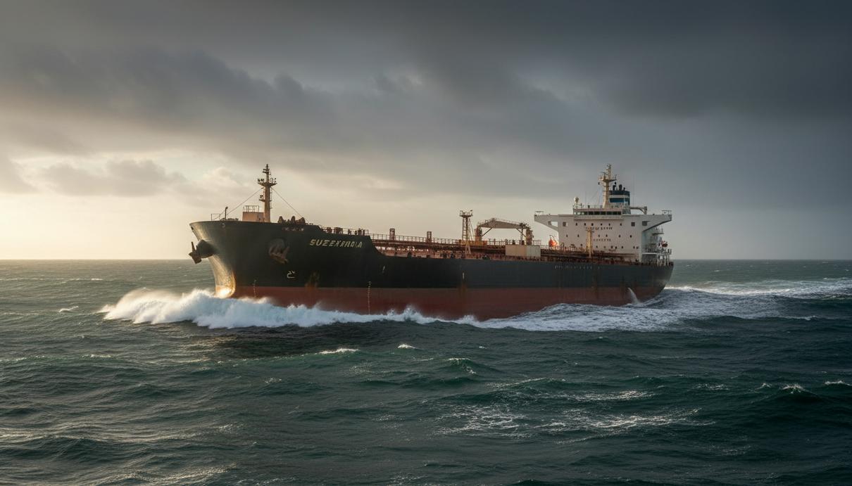 TEN продаст два суэцмакса, выручив свыше $100 млн на новый флот Крупный нефтяной танкер-суэцмакс идет по морю в пасмурную погоду. Вид сбоку на корпус и надстройку судна.