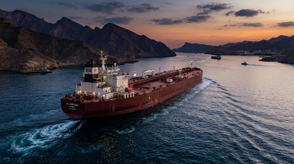В Ормузском проливе зафиксирована рекордная серия атак на танкеры Крупный нефтяной танкер идет по Ормузскому проливу на фоне скалистых берегов на закате.