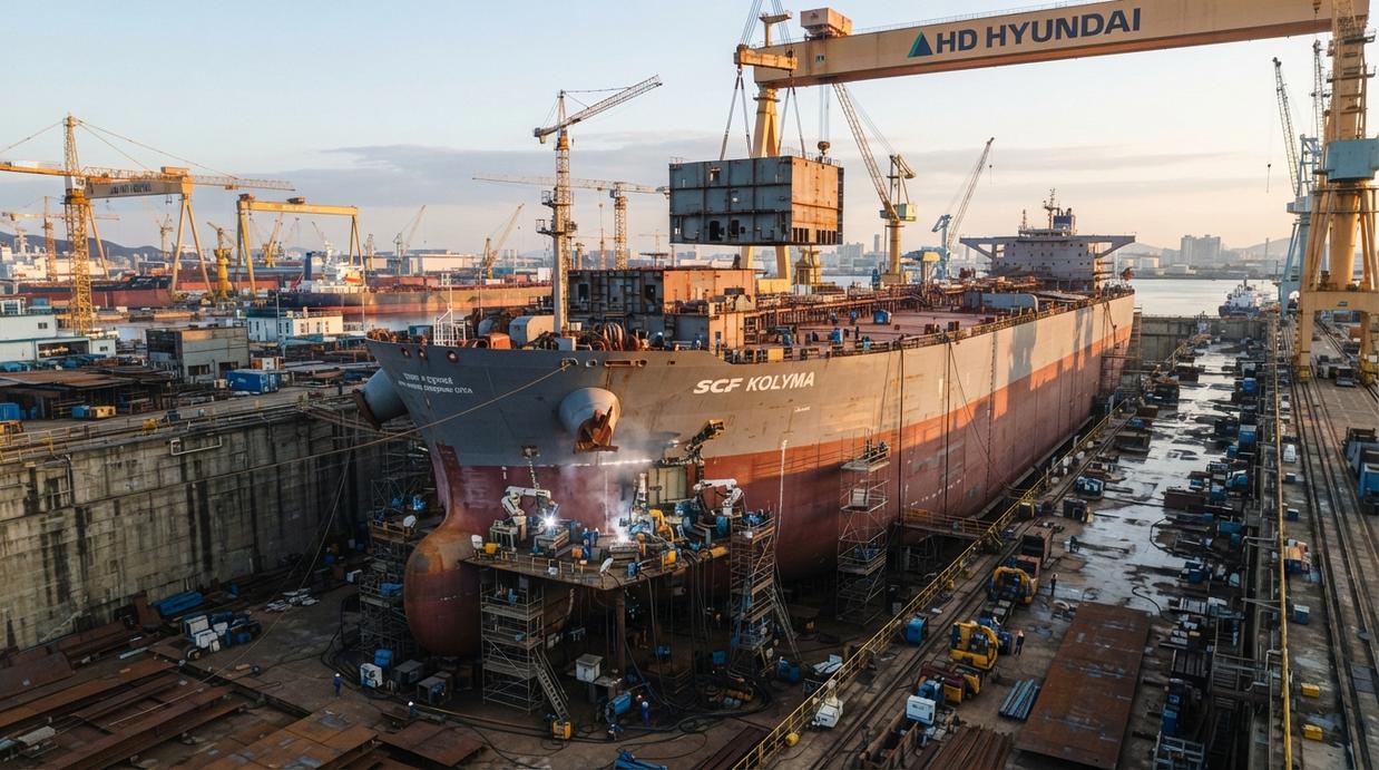 Great Eastern Shipping заказала suezmax-танкер, отойдя от вторичного рынка Огромный нефтяной танкер-суэцмакс в сухом доке судостроительной верфи на этапе строительства, рядом портовые краны.