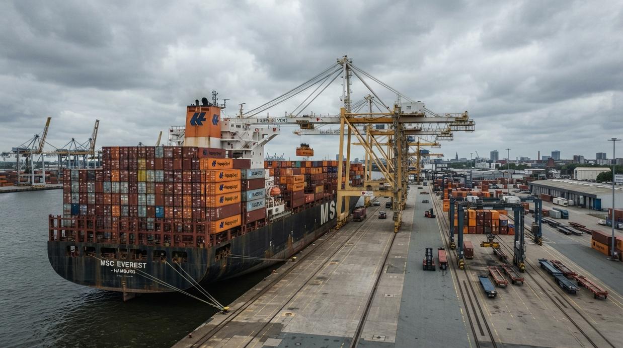 Власти Израиля остановили слияние ZIM с Hapag-Lloyd Крупный контейнеровоз с контейнерами ZIM и Hapag-Lloyd в промышленном порту на фоне грузовых кранов.