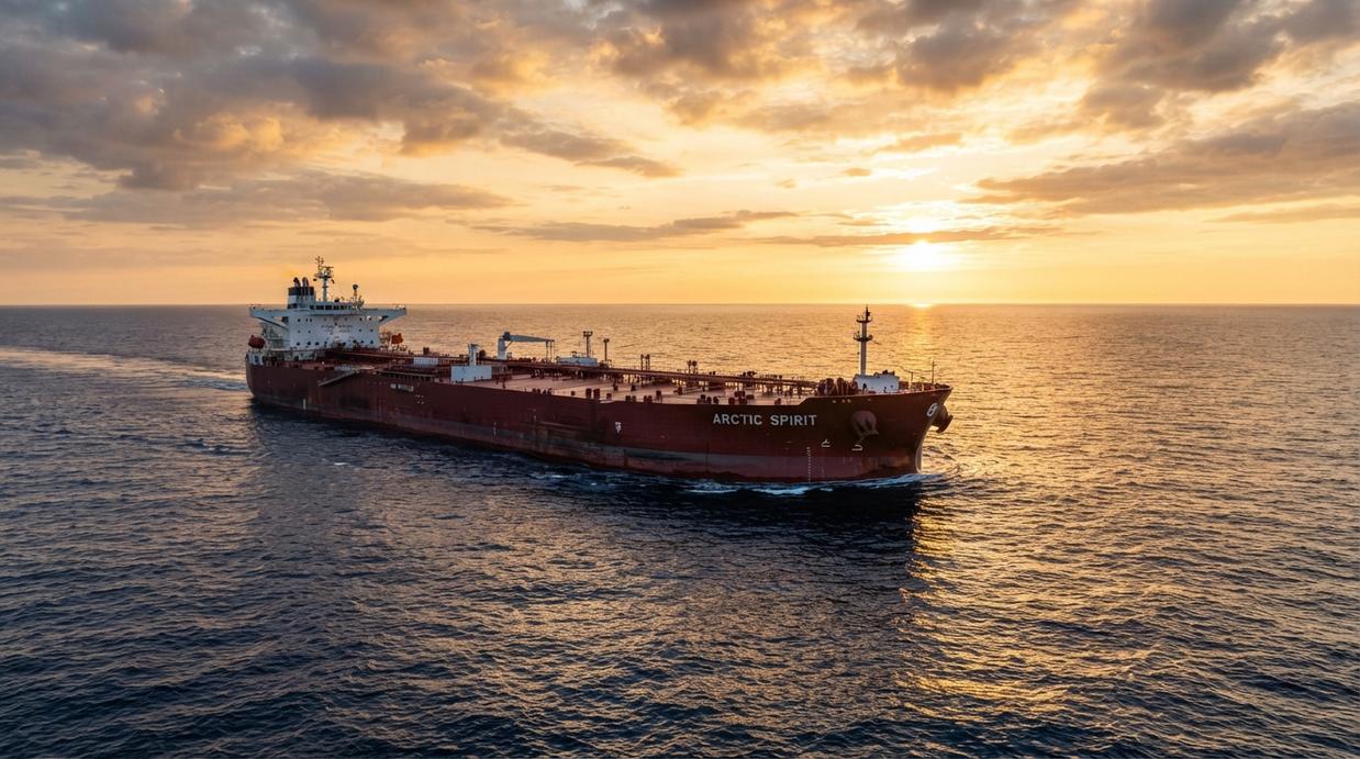 Lila Global перепродал 20-летний танкер VLCC с наценкой в $56,5 млн Огромный нефтяной супертанкер (VLCC) идёт по спокойному морю на закате.