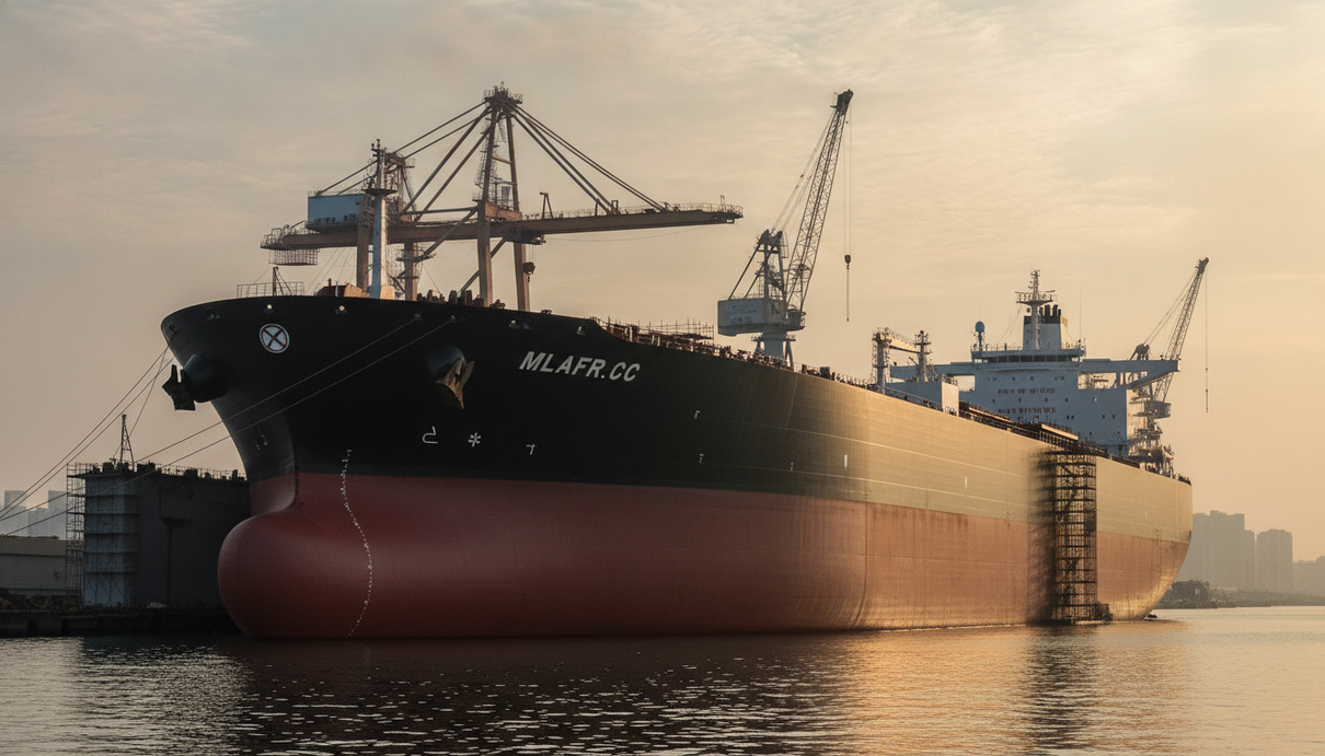 Огромный новый супертанкер VLCC у причала современной судостроительной верфи. Рядом с судном видны портовые краны.
