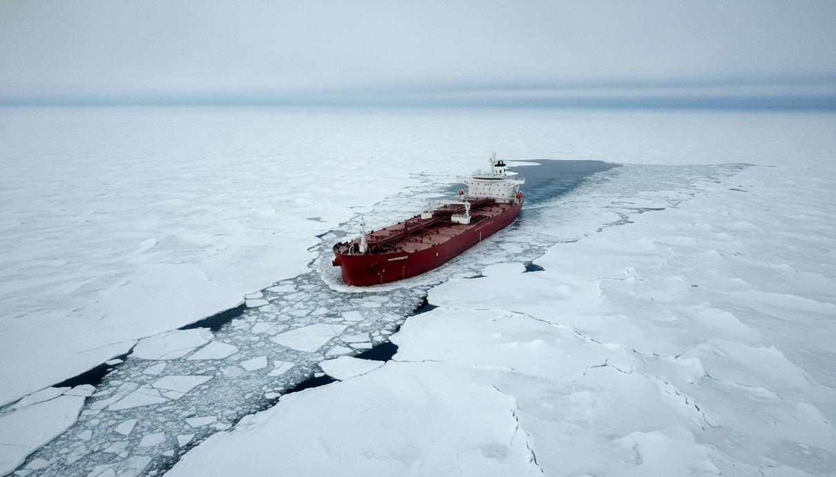 Транзит по Северному морскому пути досрочно установил новый рекорд Крупный нефтяной танкер в арктических водах следует по курсу среди льдин Северного морского пути.