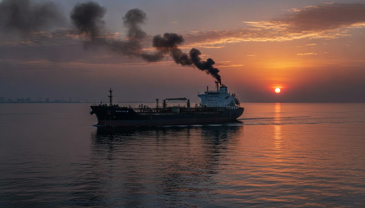 Зона атак на суда расширилась на Персидский залив и Красное море Танкер-химовоз в Персидском заливе на закате, из центральной части корпуса судна поднимается столб черного дыма.