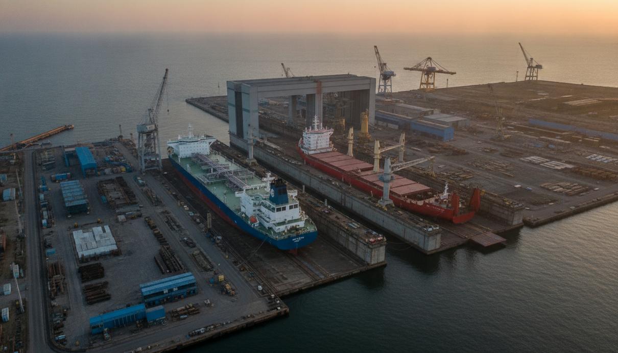 Fujian Guohang создаст 12 компаний в Гонконге под новые суда на $372 млн Новый танкер-продуктовоз LR2 и многоцелевое судно-тяжеловес в доках современной судостроительной верфи, вид с воздуха.