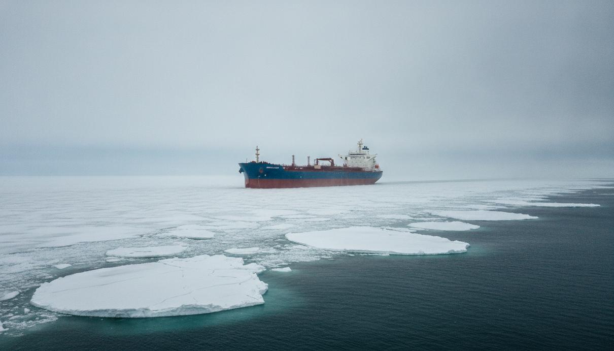 Грузопоток по Севморпути досрочно обновил годовой рекорд Танкер или газовоз в арктических водах Северного морского пути, окружённый льдинами. Пасмурная погода, суровый северный пейзаж.