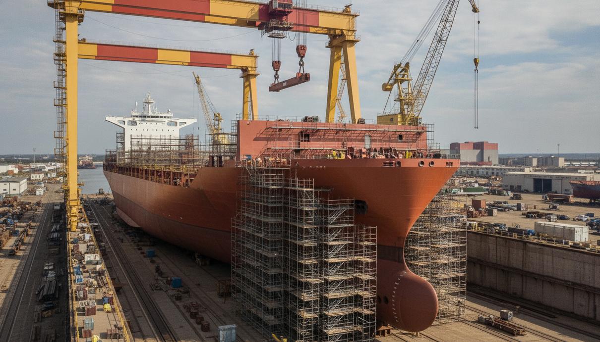 Zhonggu Shipping заказала в Китае два контейнеровоза на 14 000 TEU Новый крупнотоннажный контейнеровоз в сухом доке на судостроительной верфи в окружении строительных лесов и портовых кранов.