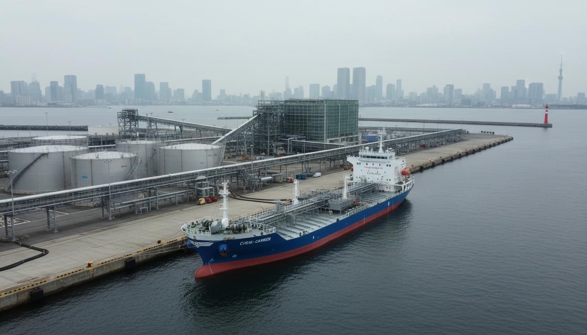 Tamba Shipping и Fairfield создали СП для работы на танкерном рынке Современный танкер-химовоз у причала в промышленном порту Токийского залива, Япония. На фоне видны портовые краны и терминалы.