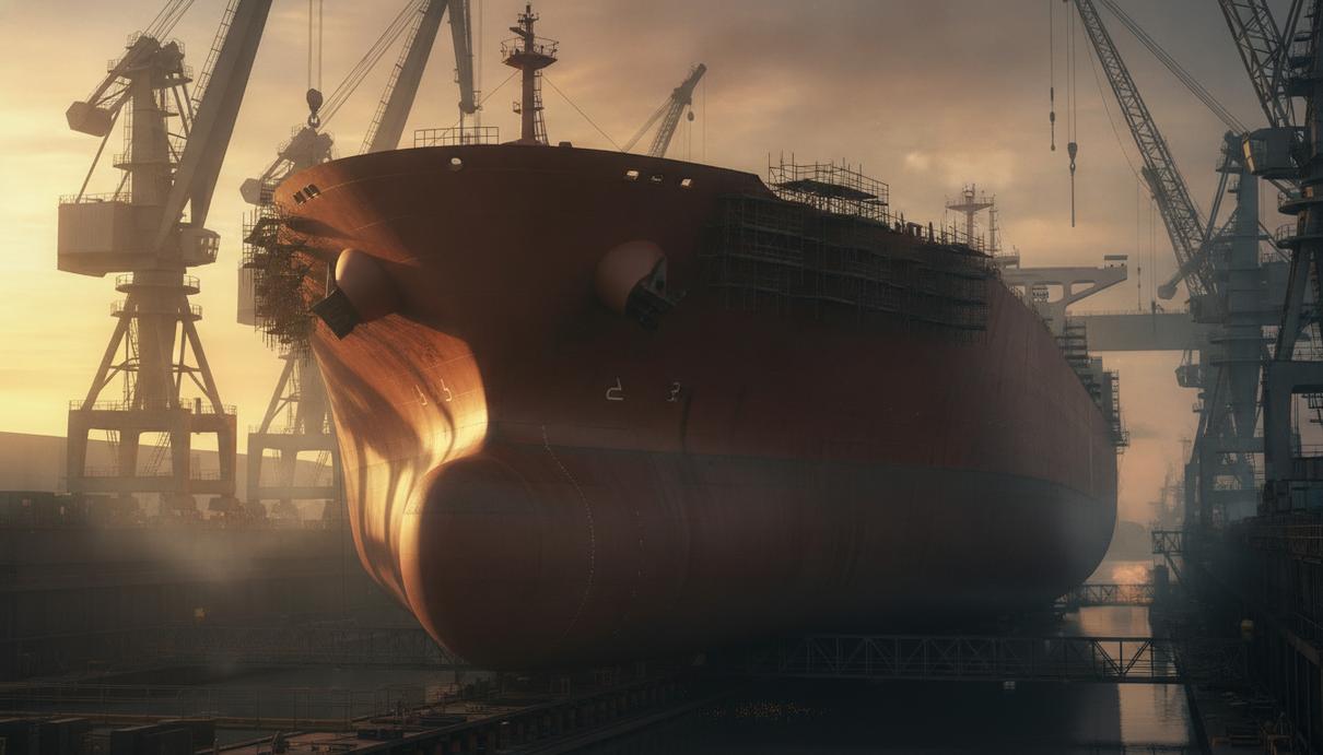 Bruton может продать два строящихся VLCC на фоне интереса International Seaways Крупнотоннажный нефтяной танкер (VLCC) на стапеле судостроительной верфи в окружении строительных лесов и портовых кранов.