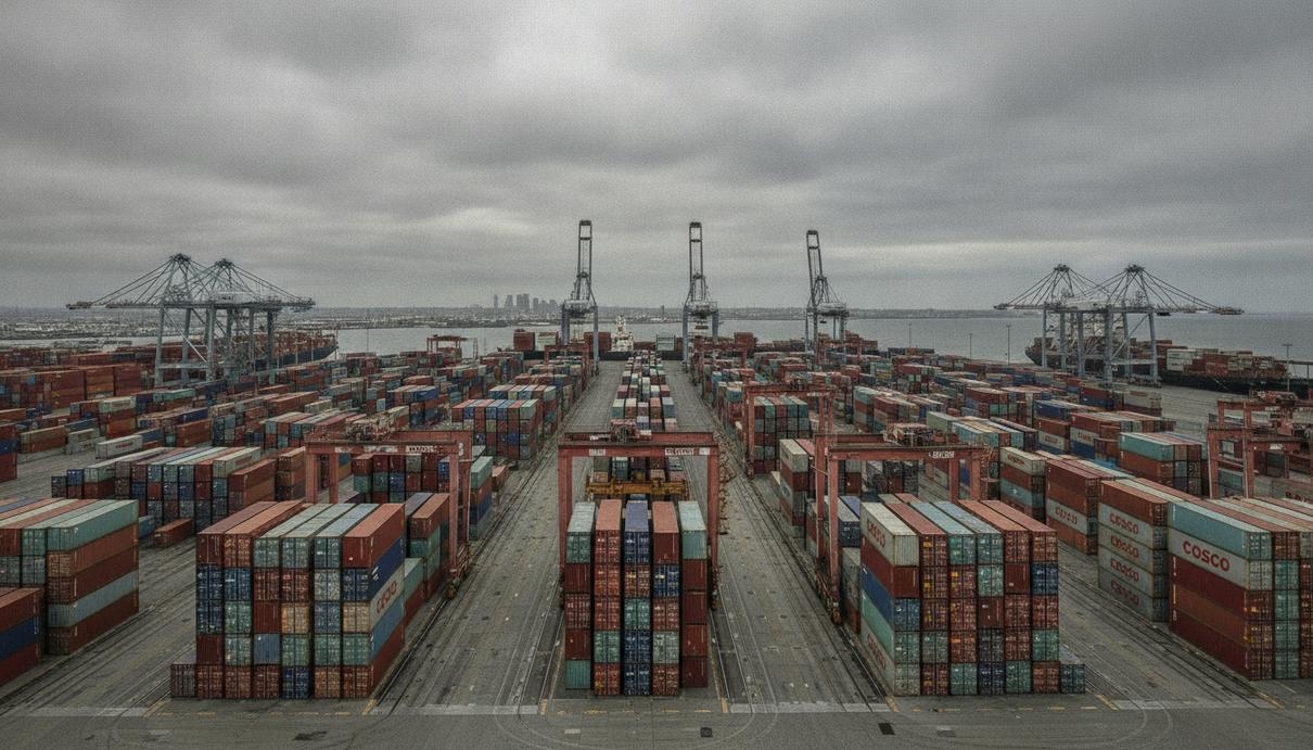 COSCO грозит штраф в США на $16,7 млн за просроченный долг Штабели грузовых контейнеров COSCO в крупном морском порту США. Контейнерный терминал в пасмурную погоду.