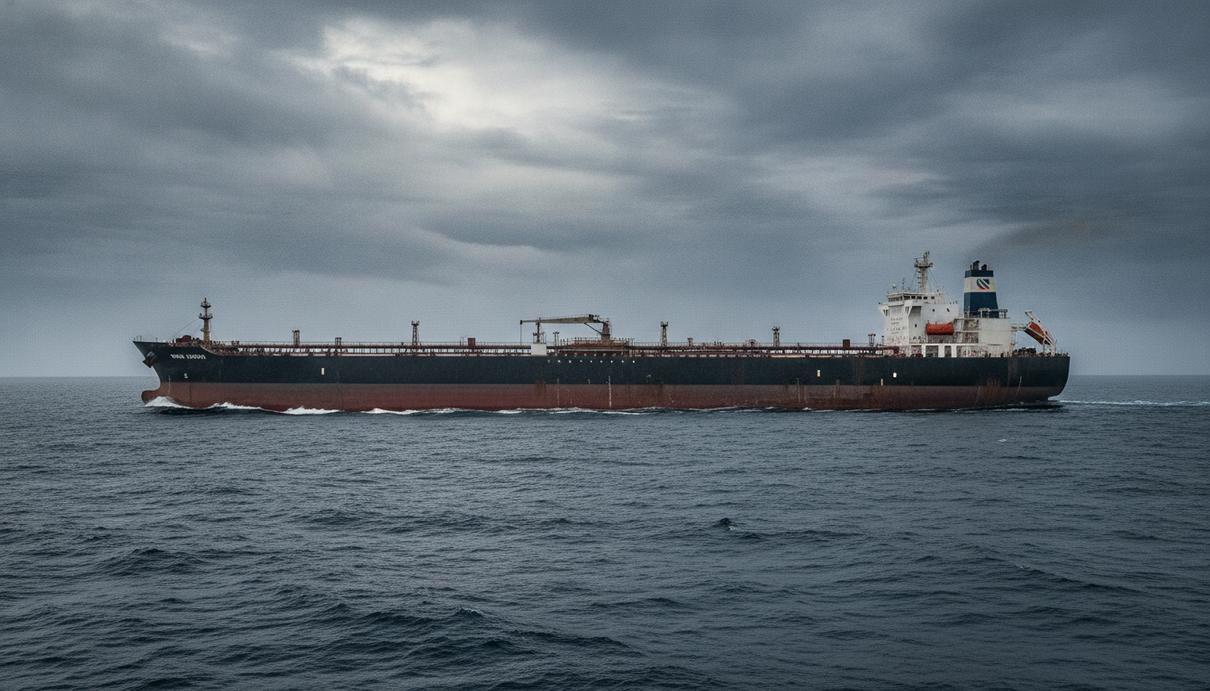Долг фрахтователя перед Hunter Group по двум VLCC вырос почти до $68 млн Крупнотоннажный нефтяной танкер класса VLCC в открытом море под пасмурным небом. Вид на судно сбоку.