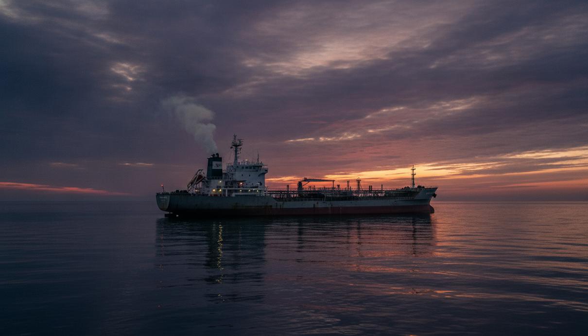 Одинокий танкер-химовоз на якорной стоянке в Черном море в вечерних сумерках.
