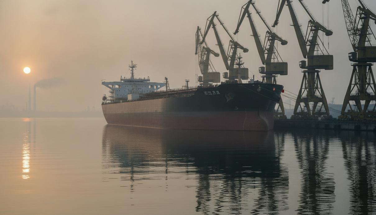DS Tankers продала танкер со скидкой за трехлетнюю отсрочку поставки Огромный нефтяной супертанкер класса VLCC у причала судостроительной верфи в Даляне на рассвете.
