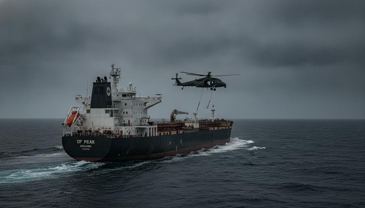 Нефтяной танкер-афрамакс в Индийском океане. Над палубой судна завис военный вертолет во время операции по высадке.