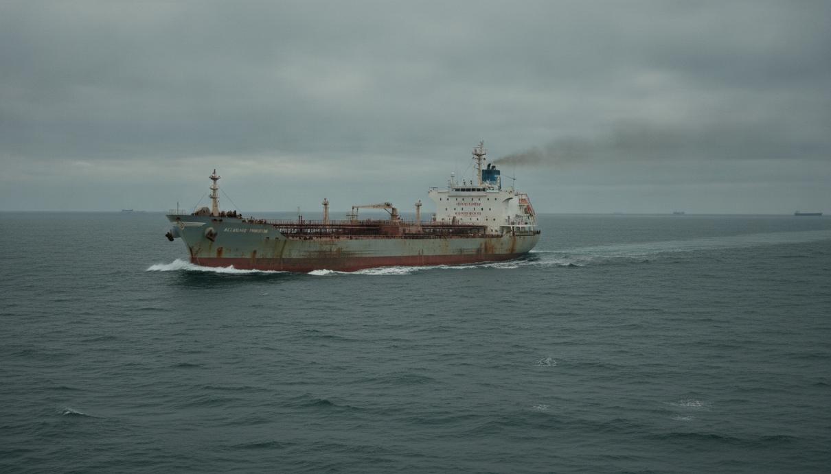 Танкер-продуктовоз класса LR1 в открытом море. На корпусе судна видны следы эксплуатации и ржавчины.