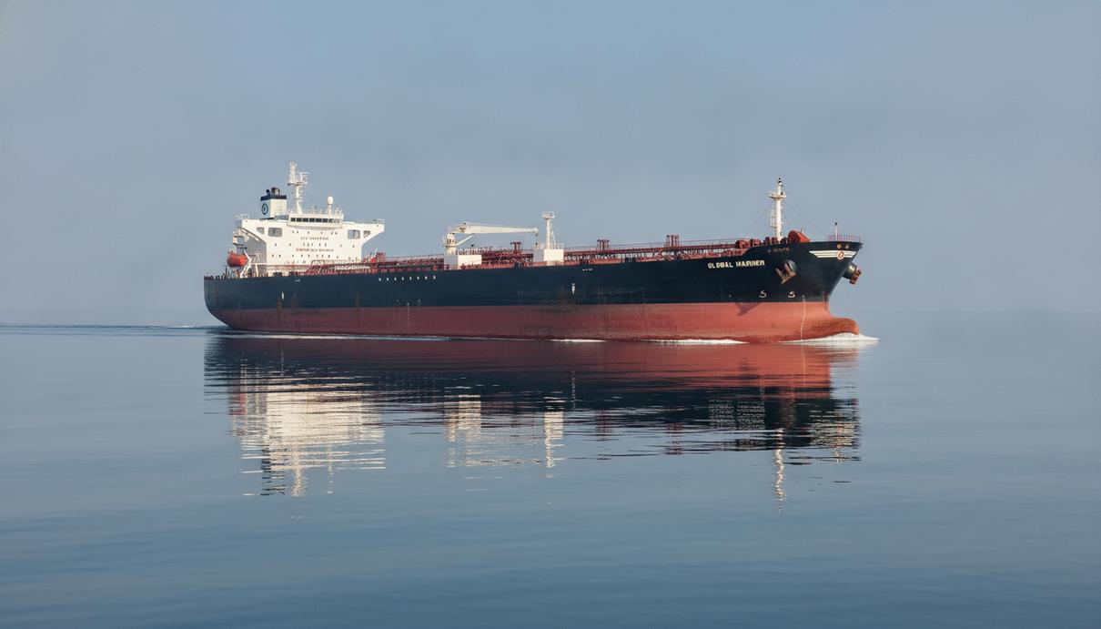 Большой нефтеналивной танкер типа suezmax идет по спокойному морю в ясный день.
