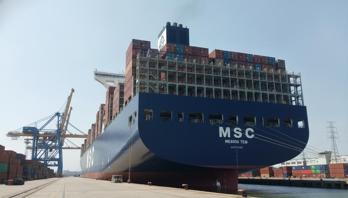 Новый гигантский контейнеровоз MSC у причальной стенки судостроительной верфи на фоне портовых кранов.