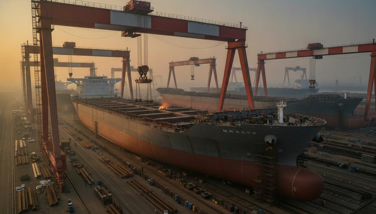 Emarat Maritime заказала в Китае шесть танкеров-продуктовозов LR1 Огромный танкер-продуктовоз на стапеле современного китайского судостроительного завода в окружении портовых кранов.