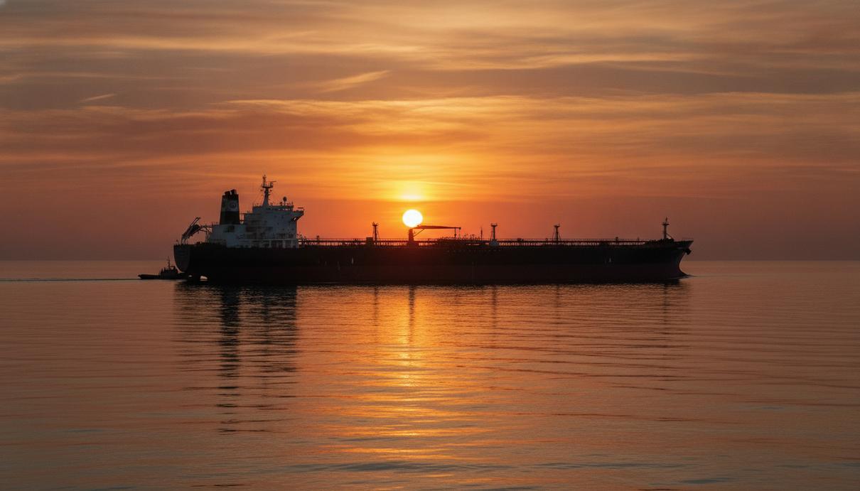 Огромный нефтяной танкер класса VLCC в открытом море на закате, вид сбоку на корпус судна на фоне морского пейзажа.